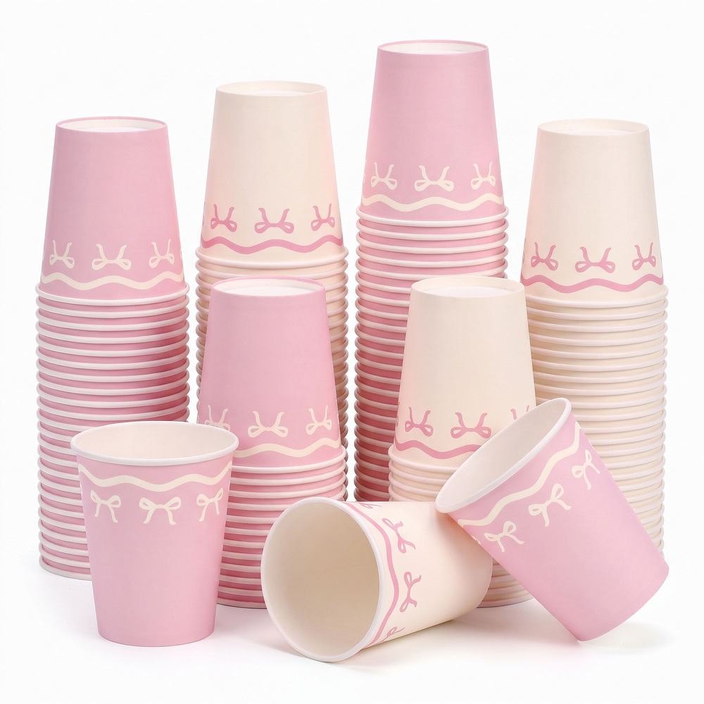Pink and white bow disposable paper cup, wavy pattern girly style paper cup for birthday baby party dessert table beverage cup