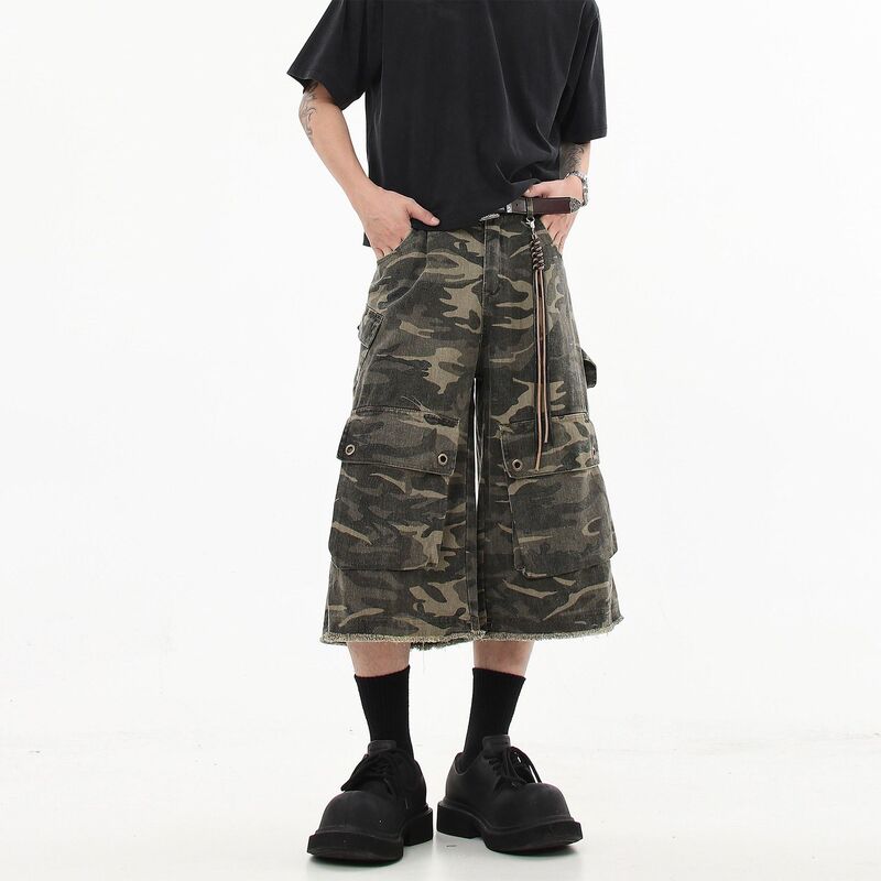 American-Style Functional Camouflage Multi-Pocket Frayed Denim Shorts for Men, Summer Dopamine Slim-Fit Loose Workwear Cropped Pants