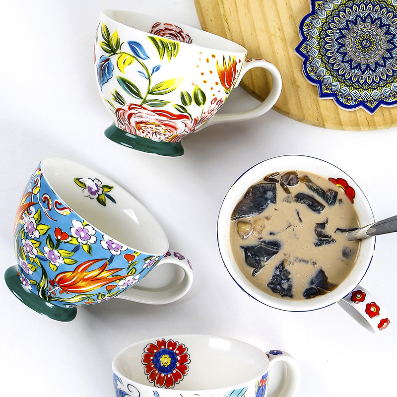 European and American hand-painted ceramic breakfast cup large-capacity coffee cup mug underglaze color cup oatmeal personalized relief