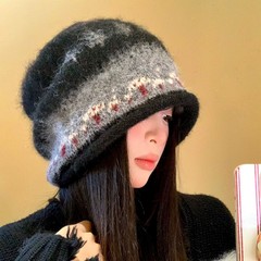初冬老花卷边针织帽女秋冬休闲显脸小毛线盆帽保暖护耳包头渔夫帽