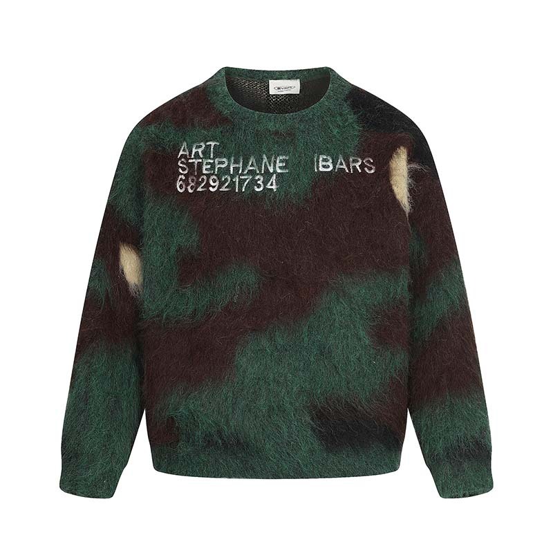 2025 High Street American Style Letter Color-Block Seahorse Wool Round Neck Long Sleeve Sweater Men's Trendy Loose Casual Knitwear