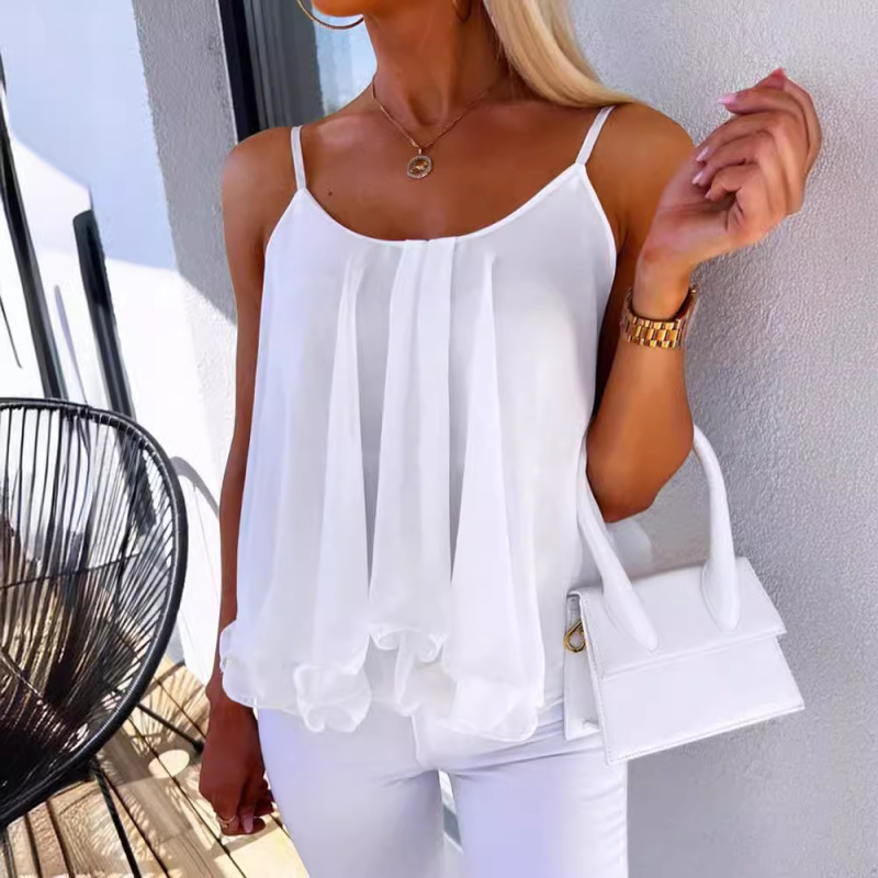 AliExpress 2025 夏の新ヨーロッパとアメリカのクロスボーダーカジュアルファッションスリングルーズ女性のシフォン小さなベストトップ|undefined