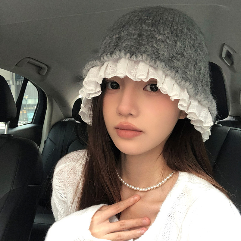 Korean lace knitted fisherman hat for women, sweet warm in autumn and winter, versatile to show off face, small woolen_viptrois.com