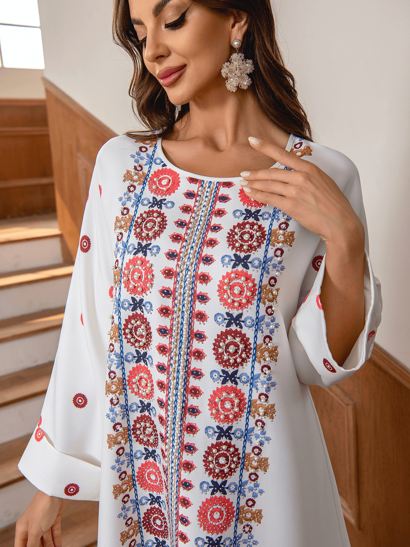 ZD028 Cross-border Middle Eastern Foreign Trade Muslim Ethnic Long Dress With Printed Gold Foil And Beading Elegant_ecoleips.com