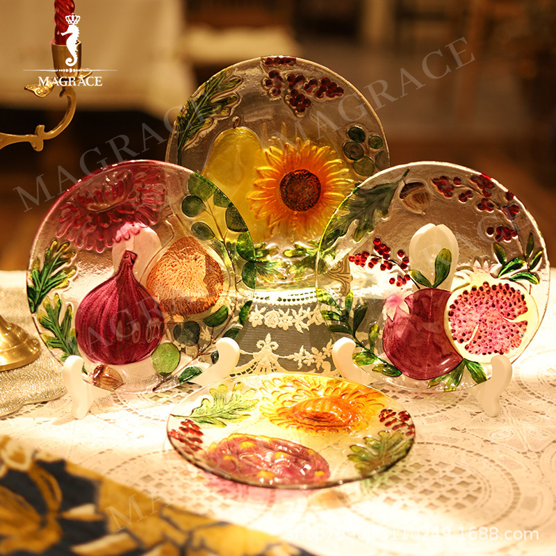 MAGRACE HOME glass hand-painted snack plate four-piece fruit plate desktop art decoration ornaments