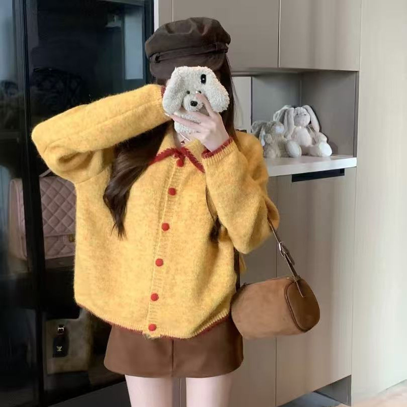 Mlss Warm Orange Border, Sweet and Contrasting Color Lapel Sweater for Women, New Autumn and Winter 2025 Loose Korean Cardigan