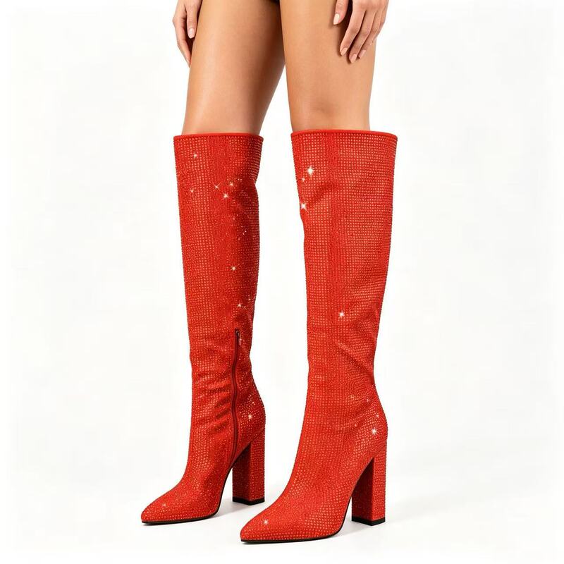 2025 New European and American Style Starry Rhinestone High-Heeled Knee-Length Boots for Women with Pointed Toe and Chunky Heel Fashion Boots