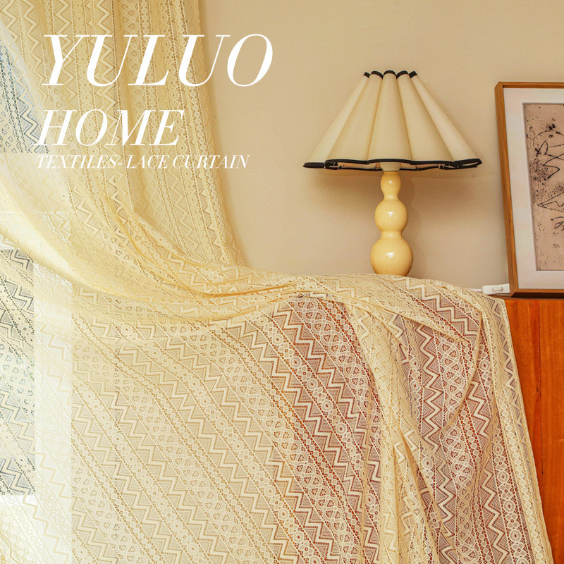 French Vintage crochet hollow lace curtain Bohemian American style window screen white gauze curtain finished wholesale
