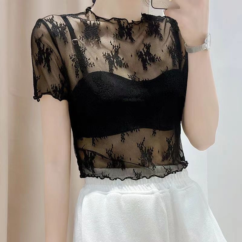 Sheer lace base layer top for women, summer slip dress, inner short-sleeved t-shirt, gauze top, short mesh top, fairy style