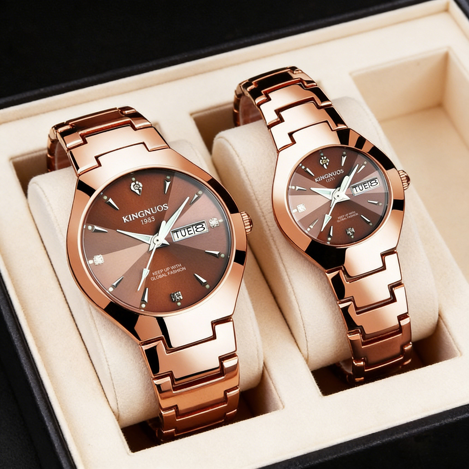 Automatic Quartz Non-mechanical Tungsten Steel Color Steel Band Couple's Watch Luminous Calendar Men's and Women's Waterproof Student's Watch