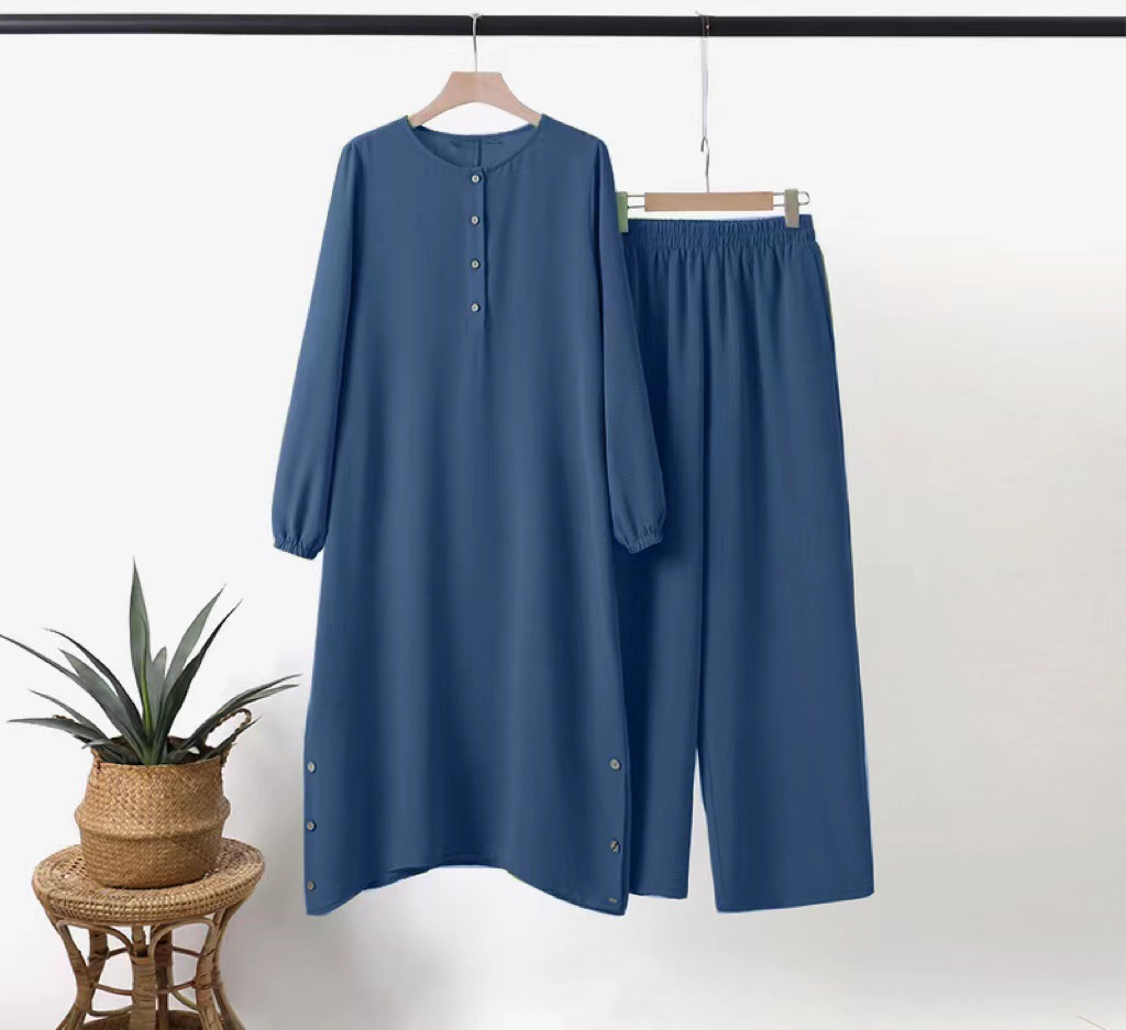 Abbigliamento donna 2024 nuova camicia a maniche a sbuffo con colletto rotondo da donna musulmana, cucitura laterale, bottone decorativo in legno, abito casual alla moda_voghion.com