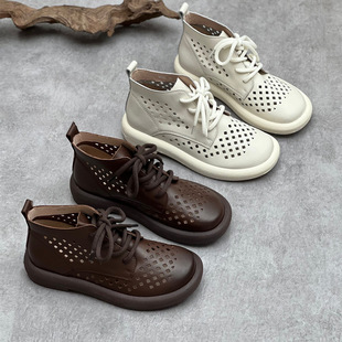 Vintage handmade leather boots 2023 spring and summer new factory direct top layer leather flat hollow hole shoes for women