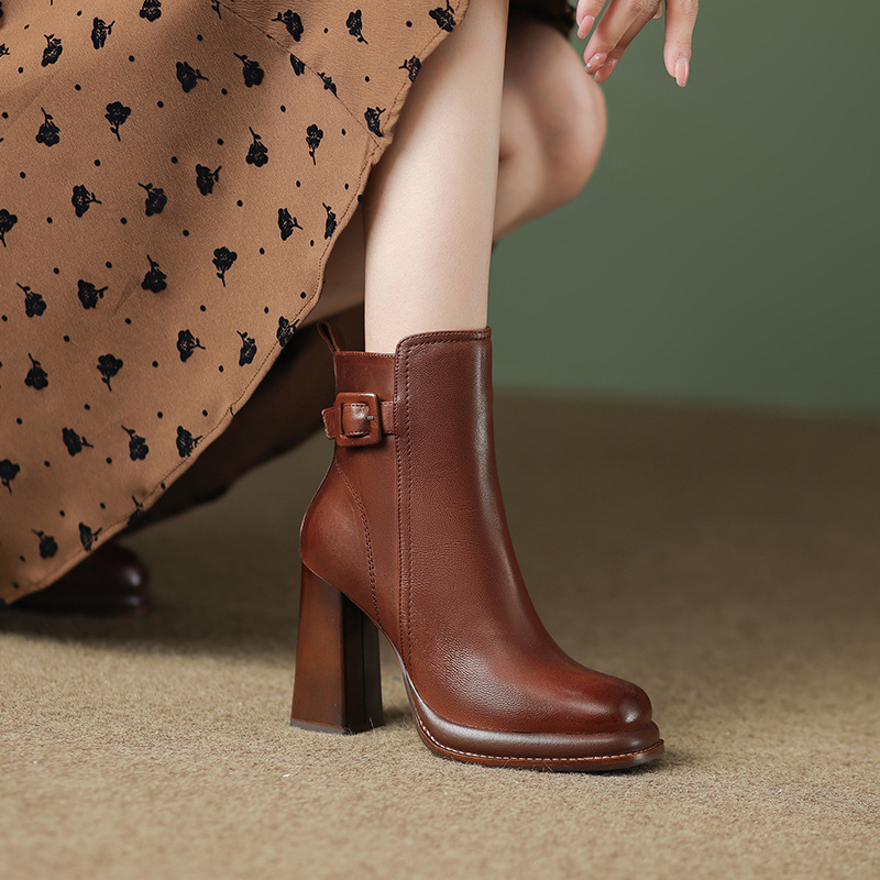 French Retro Waterproof Platform High-Heeled Short Boots for Women Thick Heel Round Toe British Style Commuter Belt Buckle Genuine Leather Boots