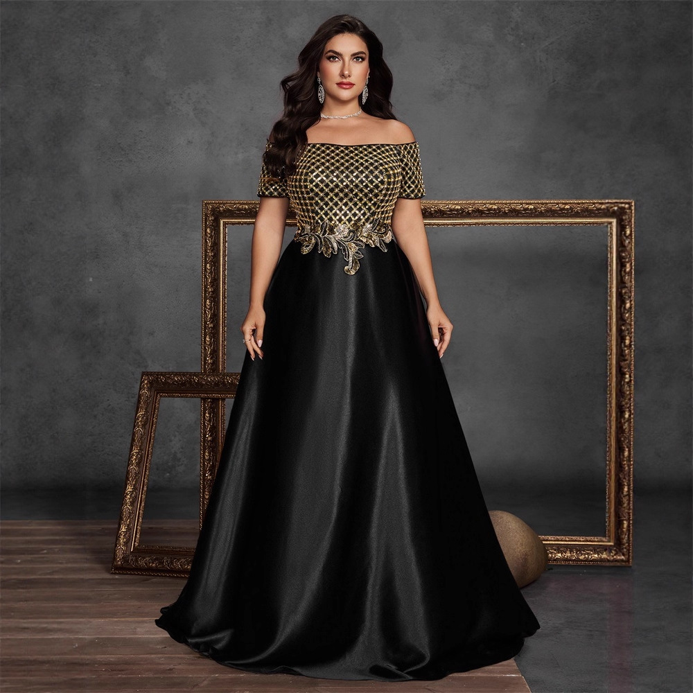European and American Plus Size Sequin Embroider Splicing Satin One-Line Collar Short-Sleeved Elegant Dinner Party Prom Dress