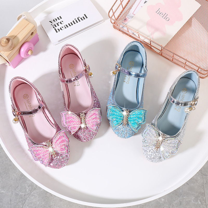 Demi-season children's shiny shoes with butterfly