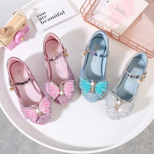 Children's princess shoes for spring and autumn, suitable for middle-aged children, soft soles, baby single shoes, children's butterfly crystal shoes, sparkling princess style