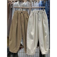 日系复古新款阔腿长裤子女夏季宽松休闲松紧腰运动加绒哈伦裤