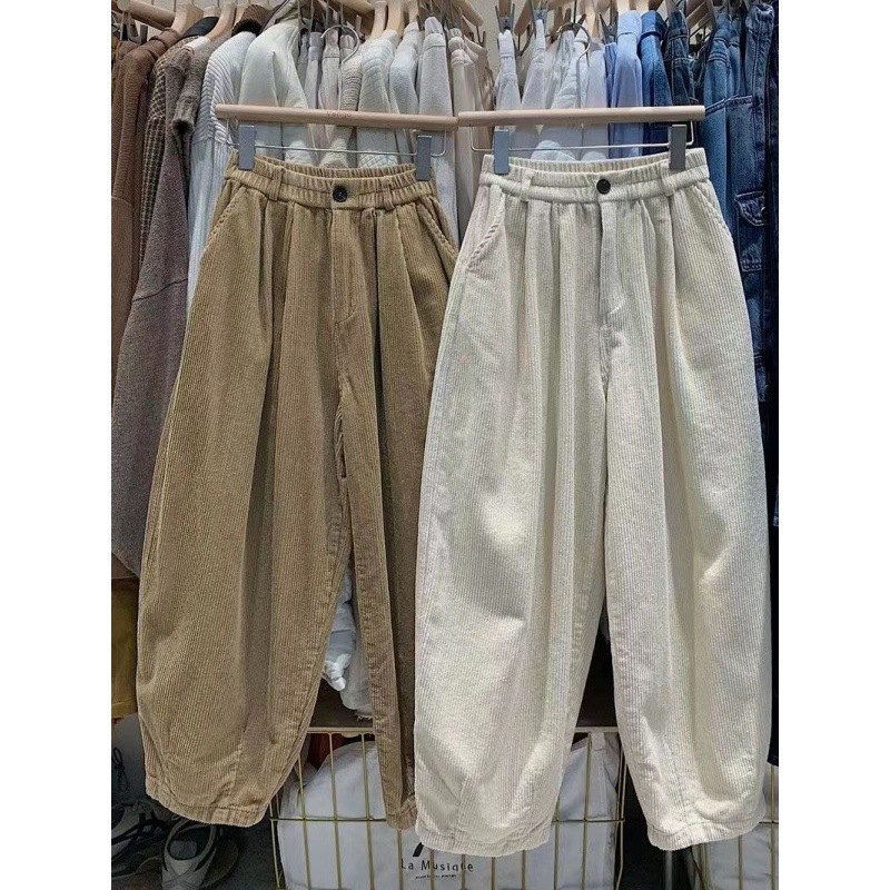 日系复古新款阔腿长裤子女夏季宽松休闲松紧腰运动加绒哈伦裤