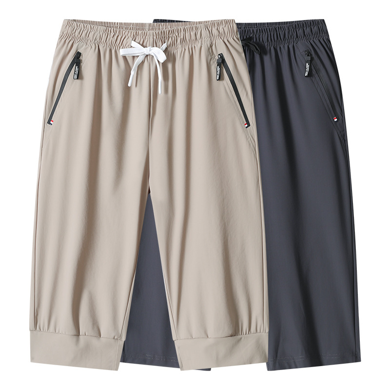 Ice Silk Cropped Pants for Men, Summer New Loose Elastic Casual Pants, Plus Size, Quick-Drying Thin Sports Pants