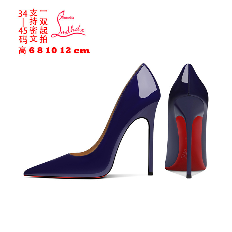 C blue patent leather red bottom high heels women's 2025 new European and American 12cm temperament commuter pointed stiletto heel shoes l