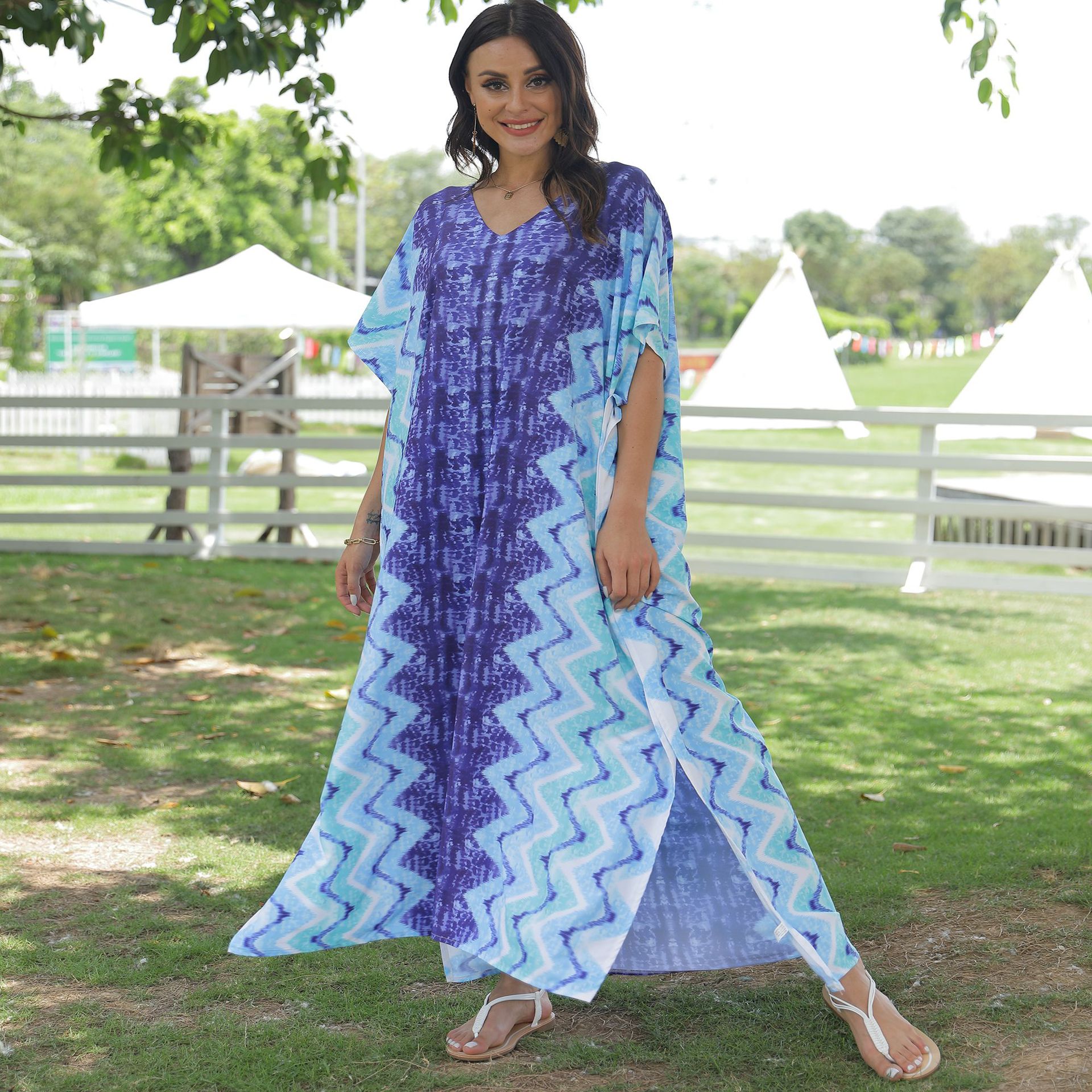 Transfronterizo europeo y americano de secado rápido posicionamiento flor playa vacaciones vestido túnica suelta más tamaño bikini blusa protección solar camisa 5D77