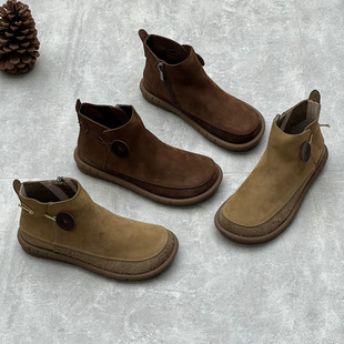 Artistic Handmade Genuine Leather Short Boots 25 Autumn/Winter New Vintage Forest Style Round Toe Flat Bottom First Layer Cowhide Chelsea Women's Boots