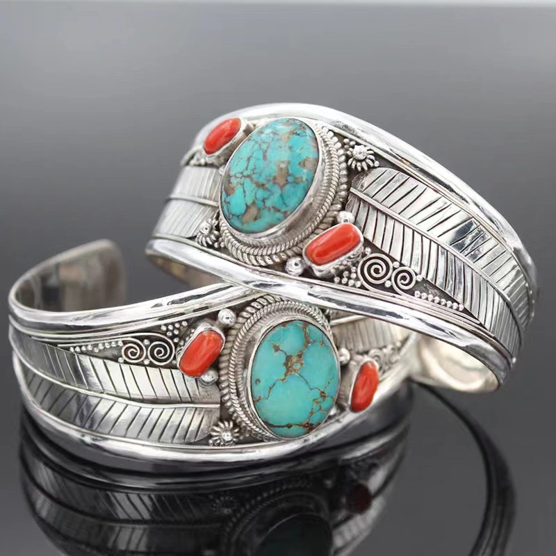 Suxin Cross-Border Hot-Selling Retro Creative Leaf Turquoise Open Bracelet Women's Fashion Bohemian Ethnic Style Bracelet