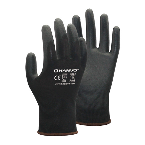 恒辉PE304涤纶PU涂掌手套13针HANVO黑色通用手套耐磨防滑劳保浸胶