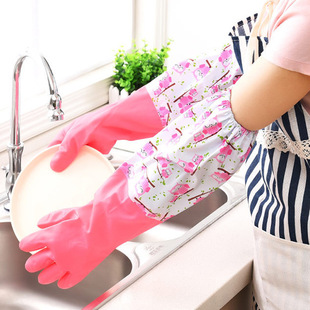 Printed velvet gloves thick dishwashing gloves PVC long household cleaning gloves winter warm