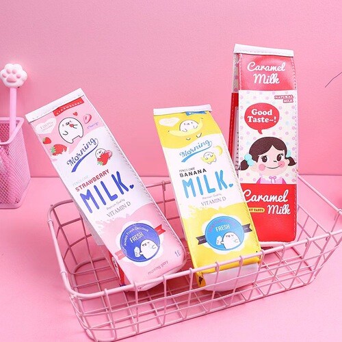 Cartoon milk carton pencil bag girly heart cute Korean version creative large capacity cartoon pencil bag stationery bag for primary and secondary school students