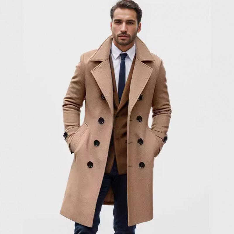 2024 European Size European and American Autumn and Winter Men's Woolen Outwear Double-Breasted Long Men's Woolen Outwear