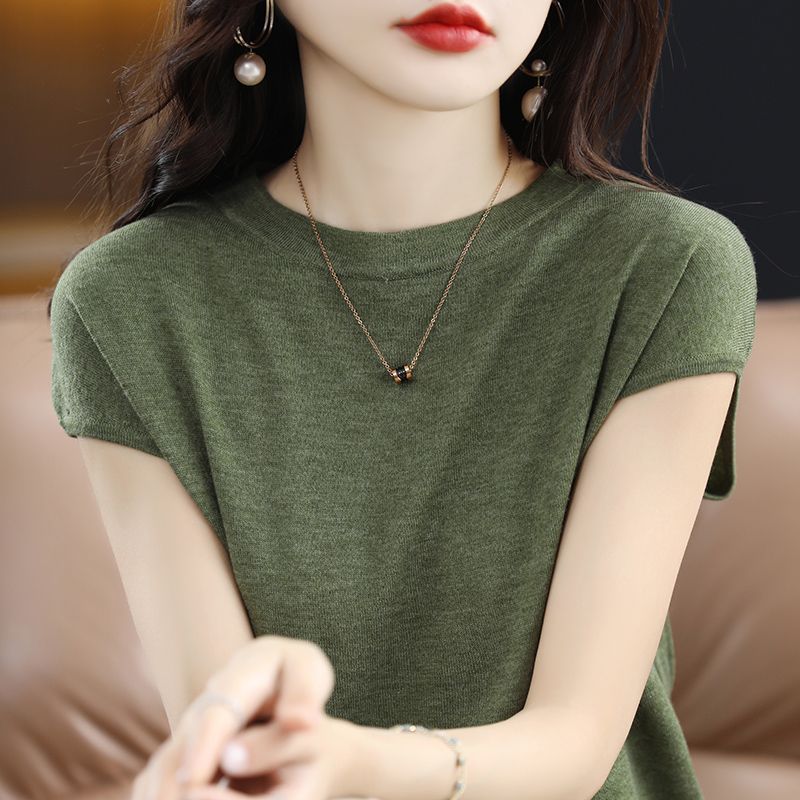 아이스 실크 세미 하이 크루넥 반팔 티셔츠 여성용 여름 새로운 모든 매치 조끼 느슨한 니트 베이스 셔츠 여성용 얇은 탑