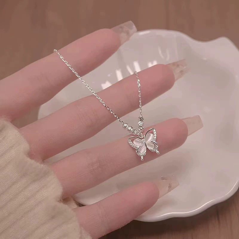 Cat's Eye Stone Butterfly Necklace For Women S925 Sterling Silver Fresh Forest Style Sweet Niche Design Light Luxury_voghion.com