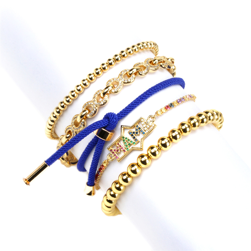 Motheru0027s Day Fashion Copper Inlaid Diamond Letter Stacked Gold Bead Bracelet