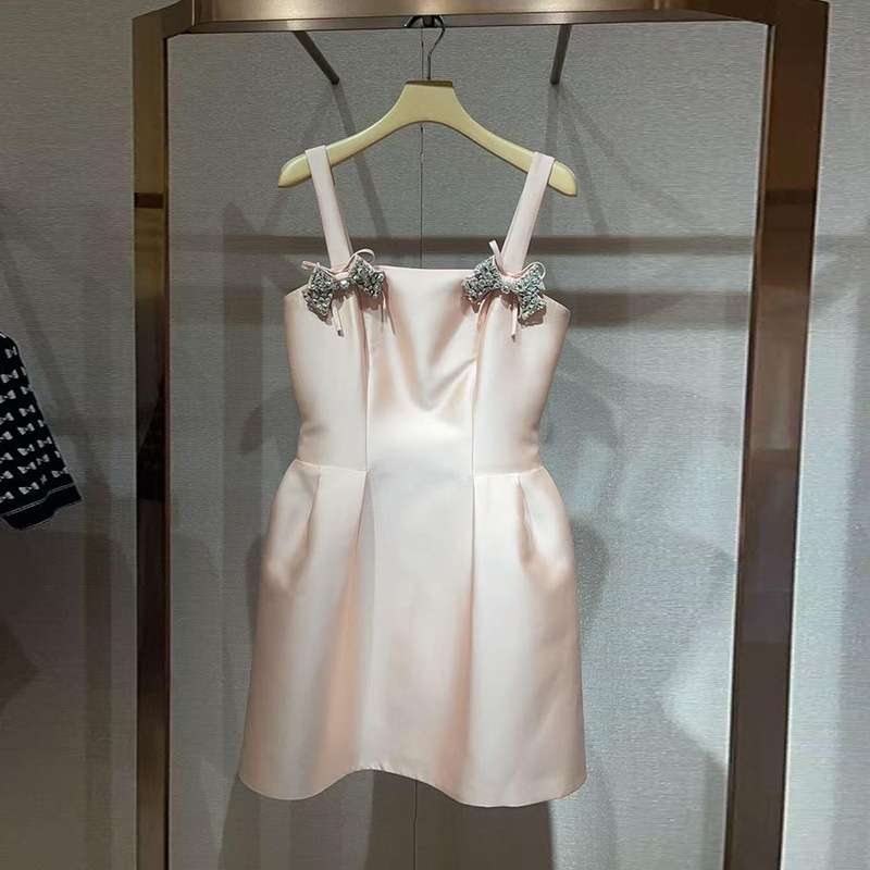 Socialite Heiress Miu Miu High-End Version Rhinestone-Embellished Bow Strap Dress Elegant Sleeveless Summer Dress for Women