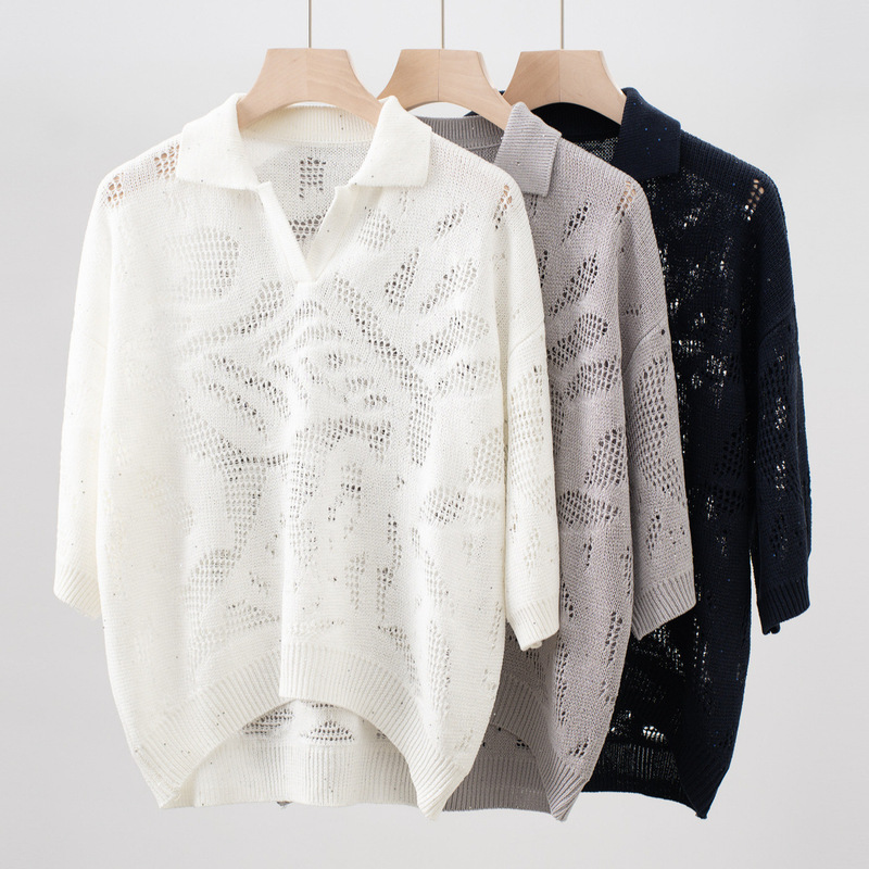 Bc26 Spring and Summer New Style Linen Sequined Cut Out Lapel Knitted Long-Sleeved Loose Casual Versatile Top for Women Bc26 Spring and Summer New Style Linen Sequined Cut Out Lapel Knitted Long-Sleeved Loose Casual Versatile Top for Women
