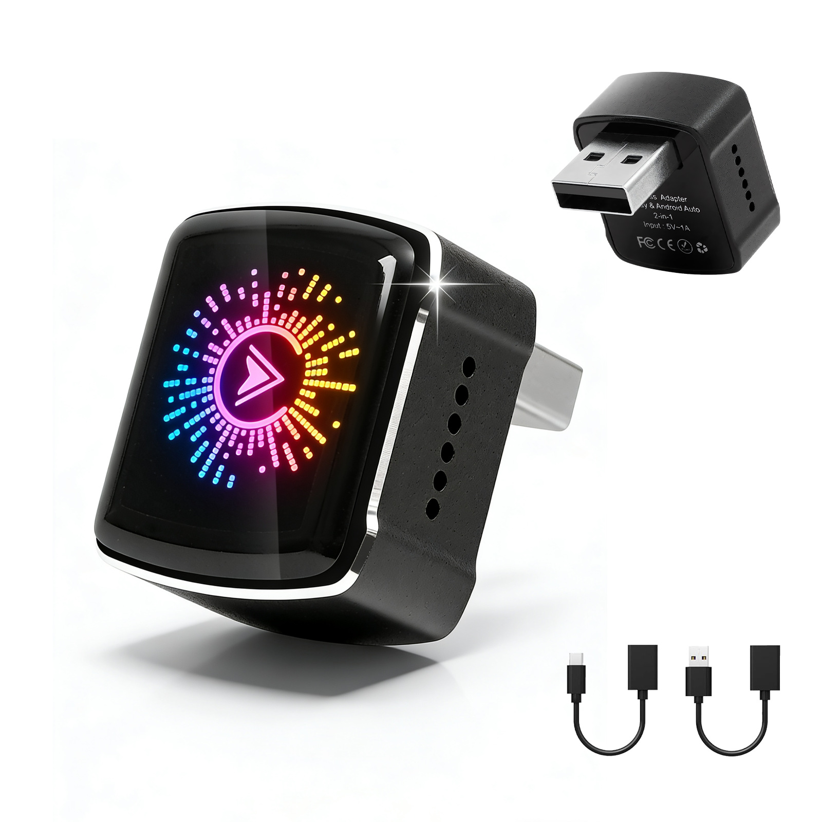 2026 Model Wireless Carplay Box with Rgb Colorful Lights, Android Auto Two-In-One Wired to Wireless Adapter