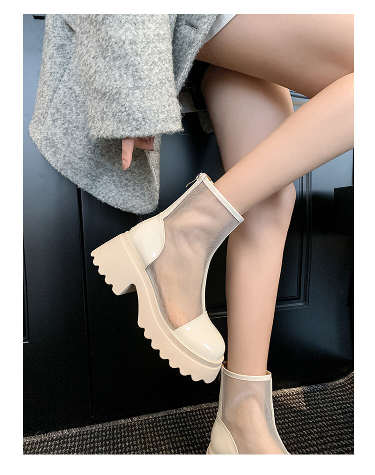Boot ngắn nữ da thật vải lưới cao gót 6cm mùa hè phong cách Anh thoáng khí — Màu đen, Trắng be chi tiết 48