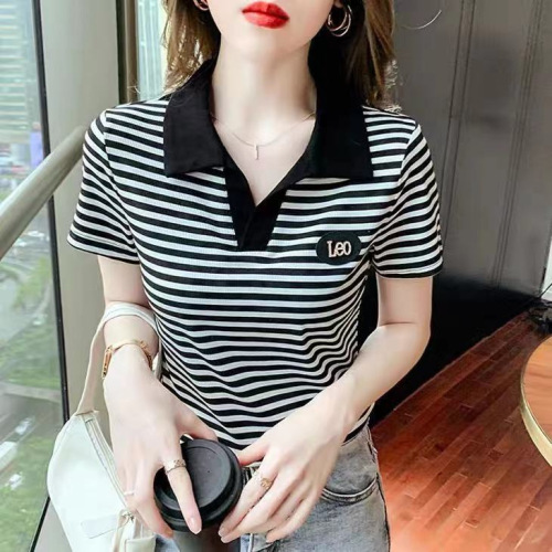 Short-sleeved T-shirt, women's spring and summer loose large size, women's polo shirt, middle-aged mother's casual all-matching top, women's trendy lapel