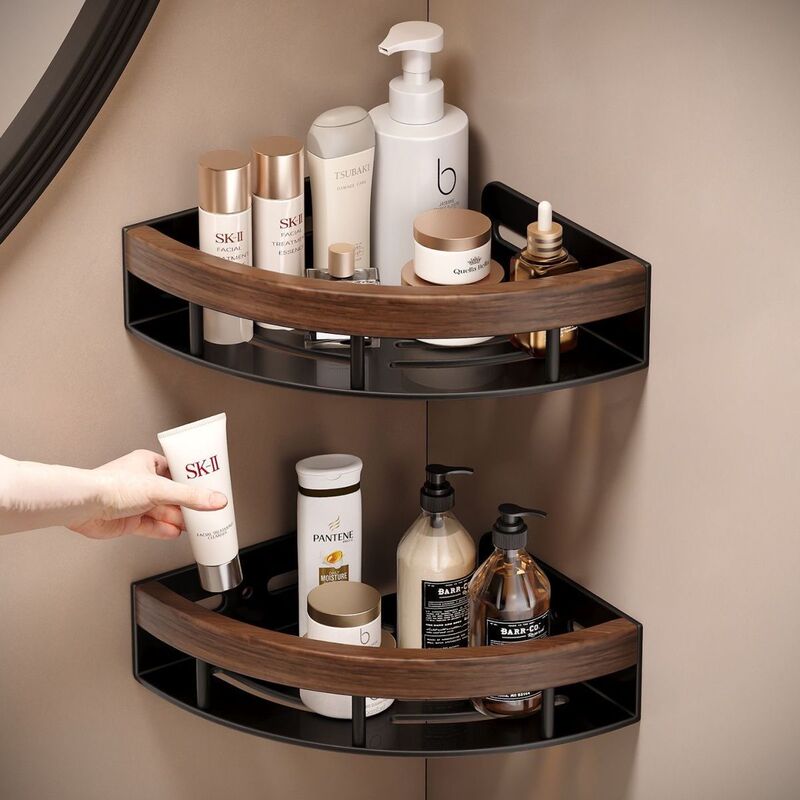 Walnut wood grain bathroom storage shelf, toilet corner triangular storage rack, no-drill wall-mounted Walnut wood grain bathroom storage shelf, toilet corner triangular storage rack, no-drill wall-mounted