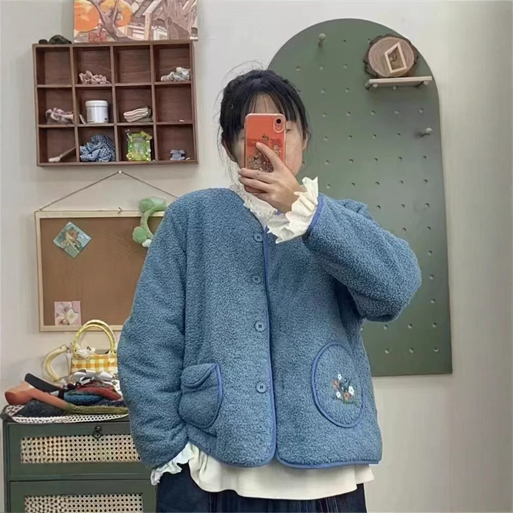 (2개) 일본 모리 스타일 자수 포켓 램 양모 코튼 코트 여성의 가을 및 겨울 새로운 느슨한 올 매치 에이지 감소 귀여운 코튼 코트