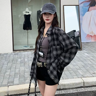 美式复古镶钻长袖衬衫女春秋新款慵懒风辣妹宽松薄款格子开衫外套