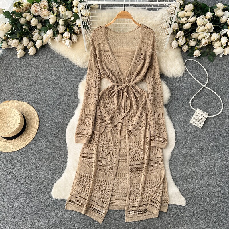 Cross-Border Bohemian Spring and Summer Casual Cardigan Dress Feminine Hollow Travel Vacation Style Slit Long Shawl