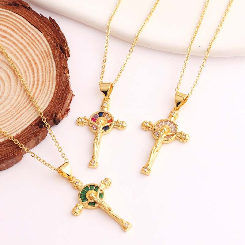 Fashion Cross Copper Plating Inlay Zircon Pendant Necklace 1 Piece
