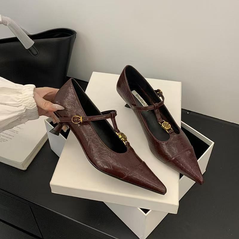 High-End Pointed-Toe Women's Stiletto Shoes 2025 French Style Camellia Shallow Evening Mary Jane High Heels