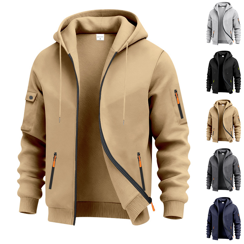 Heavyweight Fleece-Lined Work Jacket For Men – Utility Hooded Zip-Up With Tibetan Blue & Khaki Options_voghion.com