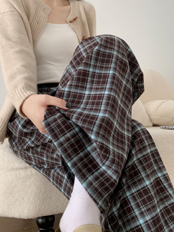 小叉格子裤女秋冬新款高腰垂感慵懒风休闲拖地长裤宽松直筒阔腿裤|undefined