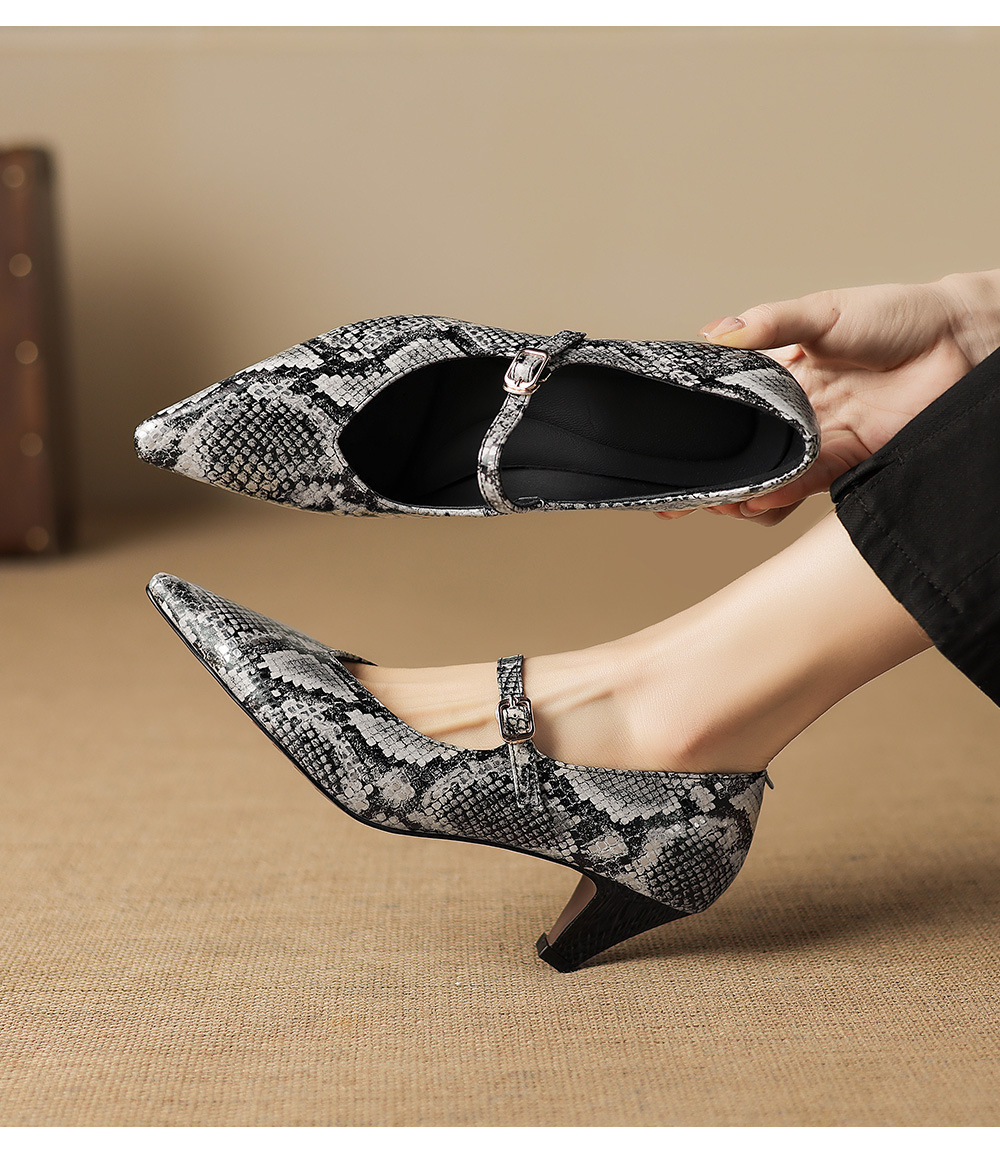 Giày Mary Jane nữ mũi nhọn gót vuông 5.5 cm quai khóa một chữ — Rượu vang đỏ chi tiết 6