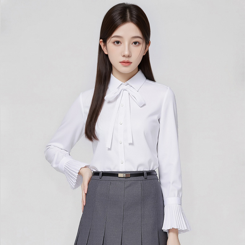 White Bow Tie Shirt for Women, Spring and Autumn, High-End, Light Luxury, Age-Reducing, Stylish, Interview Formal Wear, Pleated Sleeve Blouse