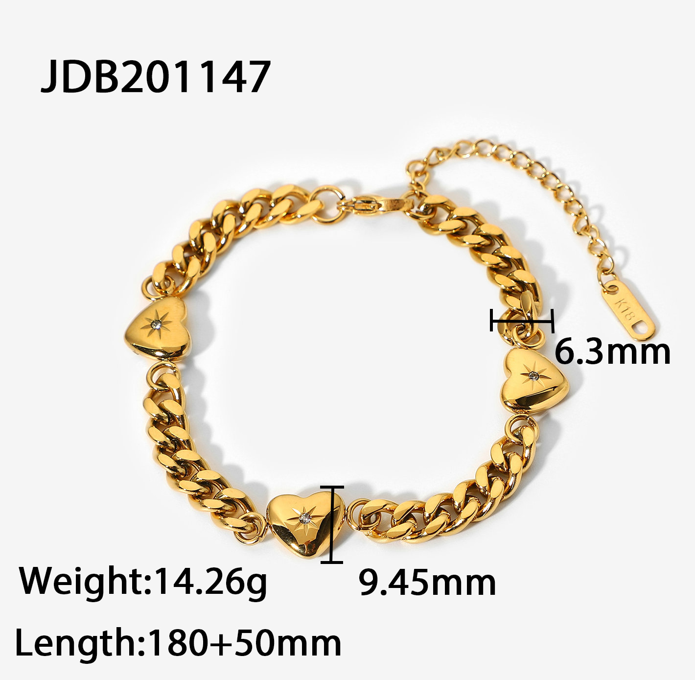 New Three Love Hearts Inlaid Zirconium Cuban Chain Bracelet Vacuum Plating 18k Gold Bracelet Jewelry display picture 5